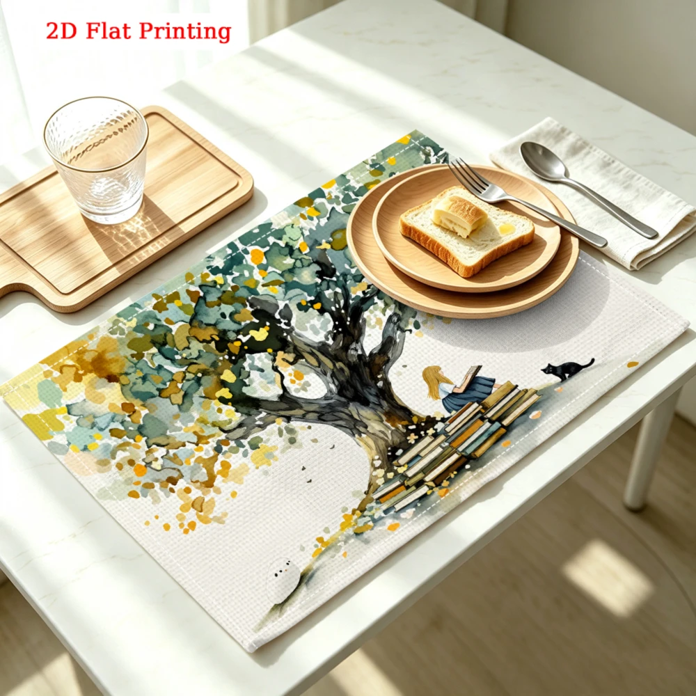 Tree Under Reading Kitchen Placemat Tree Under Reading Linen Pad Dish Coffee Cup Table Mat 1PC 30x40cm