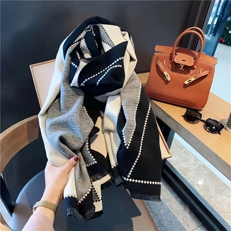 Black White Geometric Plaid Scarf Double Sided Imitation Cashmere Soft Warm Short Beard Large Shawl Winter Coldproof Blanket