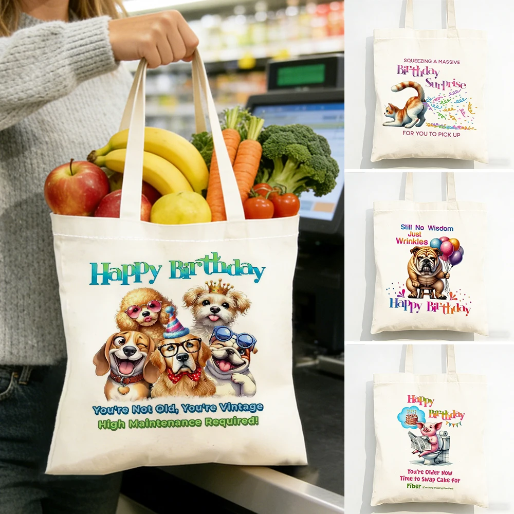 

Funny Animal Birthday Tote Bag for Women Polyester Reusable Shopping Bag Custom Double Sided Dog Cat Quote Eco Friendly 40x45 cm
