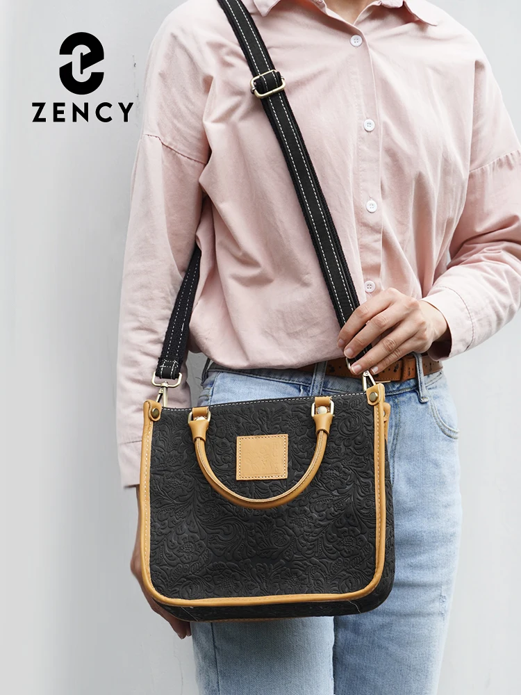 Zency borsa a tracolla da donna in vera pelle di alta qualità Designer goffratura borsa marrone Crossbody Top-handle elegante borsa a fiori