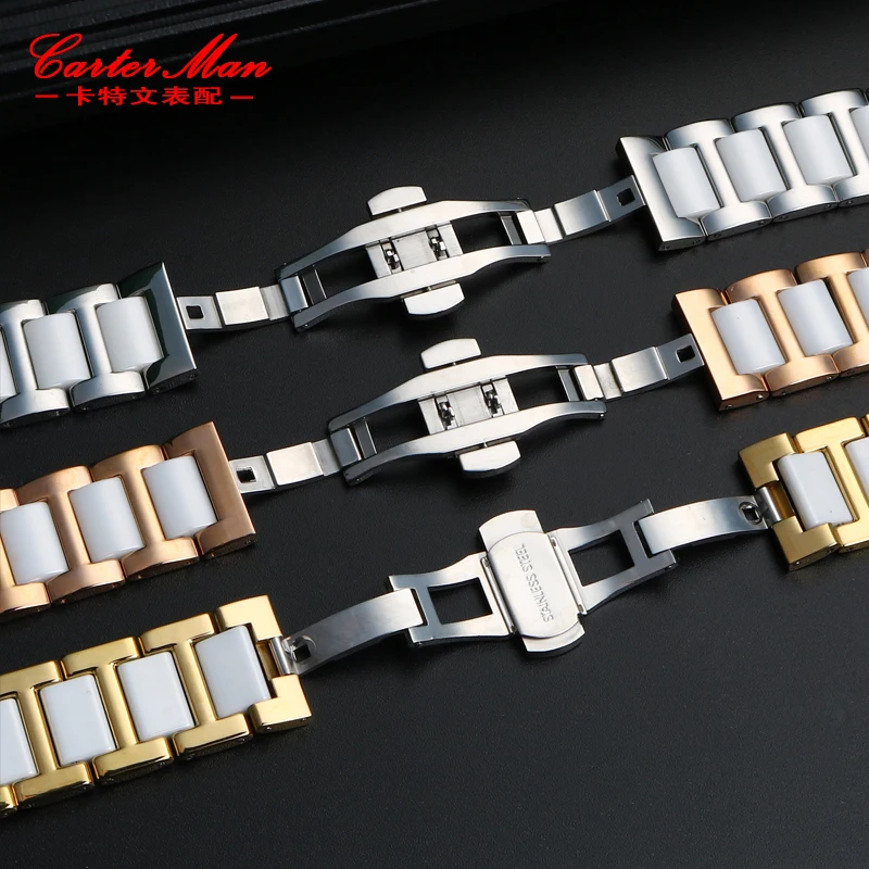 Notched fine steel ceramic watchband for Guc GC Frey guess Dior MK men\'s women\'s black white strap watch chain 14*8mm 16*8mm