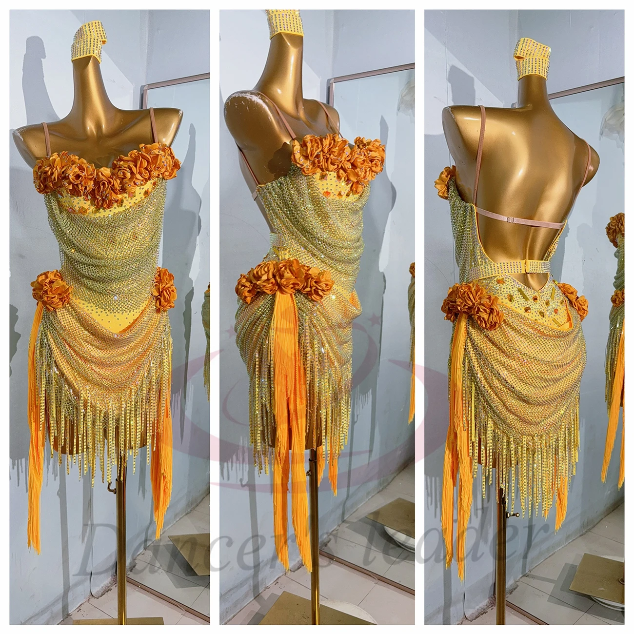 

Платье для латиноамериканских танцев для взрослых и детей, элитное платье ручной работы с цветочным воротником, инкрустированное стразами, профессиональная одежда