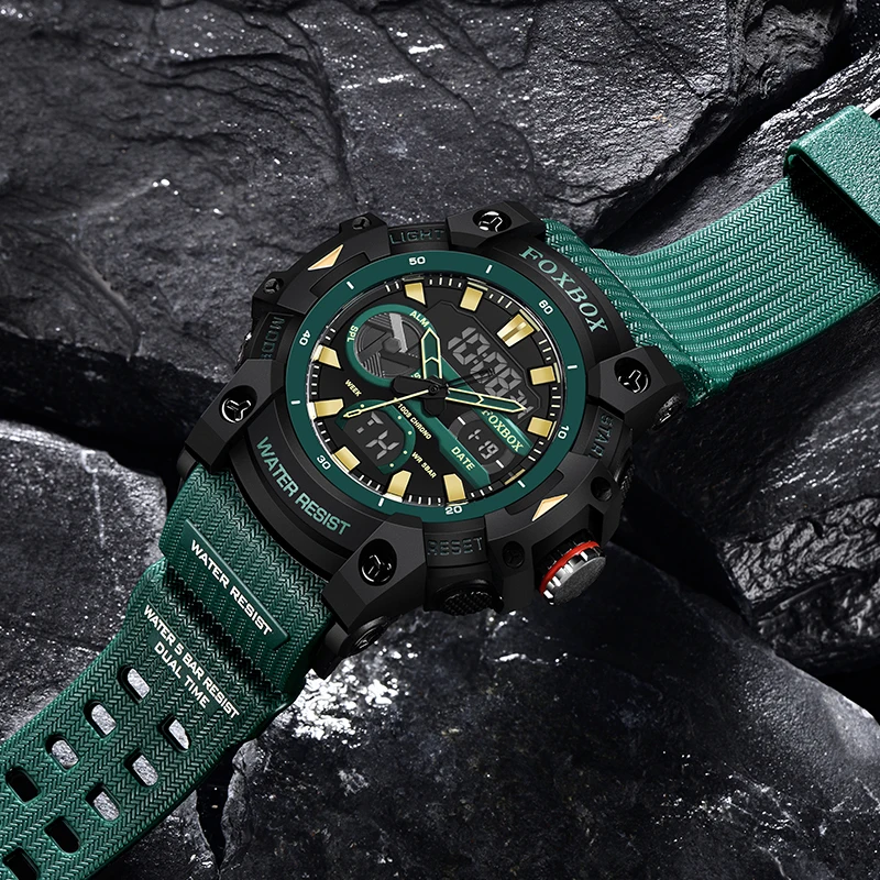 فوكس بوكس المزدوج الوقت الضوء الخلفي عرض الساعات الرياضية رجالي ساعات كوارتز بولي Strap حزام مقاوم للماء ساعة اليد ساعة Reloj Hombre + صندوق