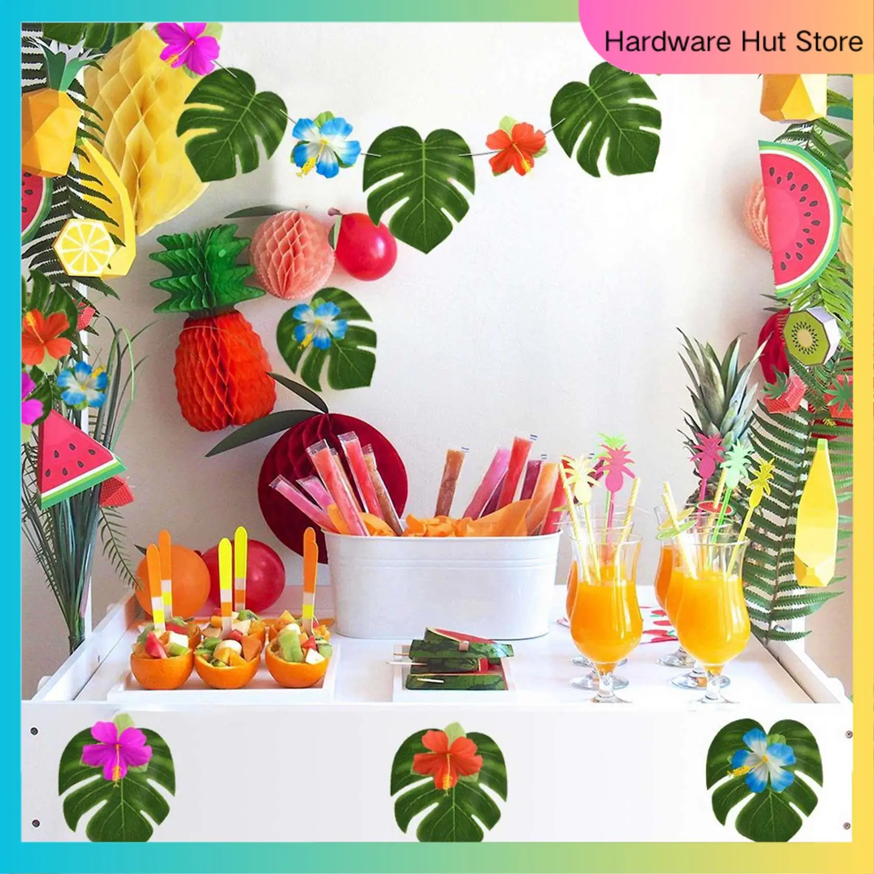 

120 Pcs Tropical Party Decoration Supplies 8 Inch Tropical Palm Monstera Leaves And Hibiscus Flowers, Simulation Leaf-Y31A