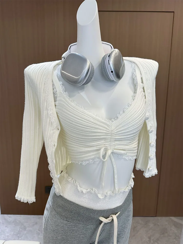 Spring Summer Camisole Two Piece Sets Off Shoulder Lace Tank Tops Backless Sexy White Knitted Vest Streetwear 2000s Aesthetic