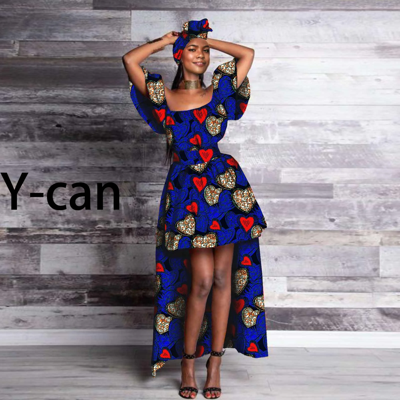 

African Dresses for Women Dashiki Ankara Print Puff Sleeve Long Irregular Skirt with Headwrap Bazin Riche Lady Outfit S2125046