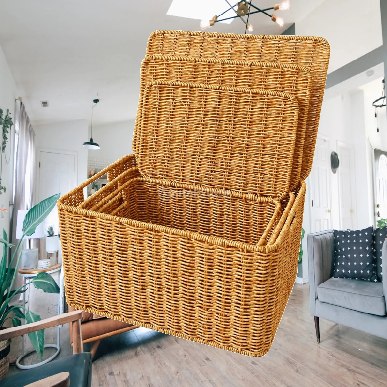 3 Pieces Handwoven Rattan Storage Basket with Handles Natural Handwoven Rattan Box Rectangular Woven Basket with Lid Versatile