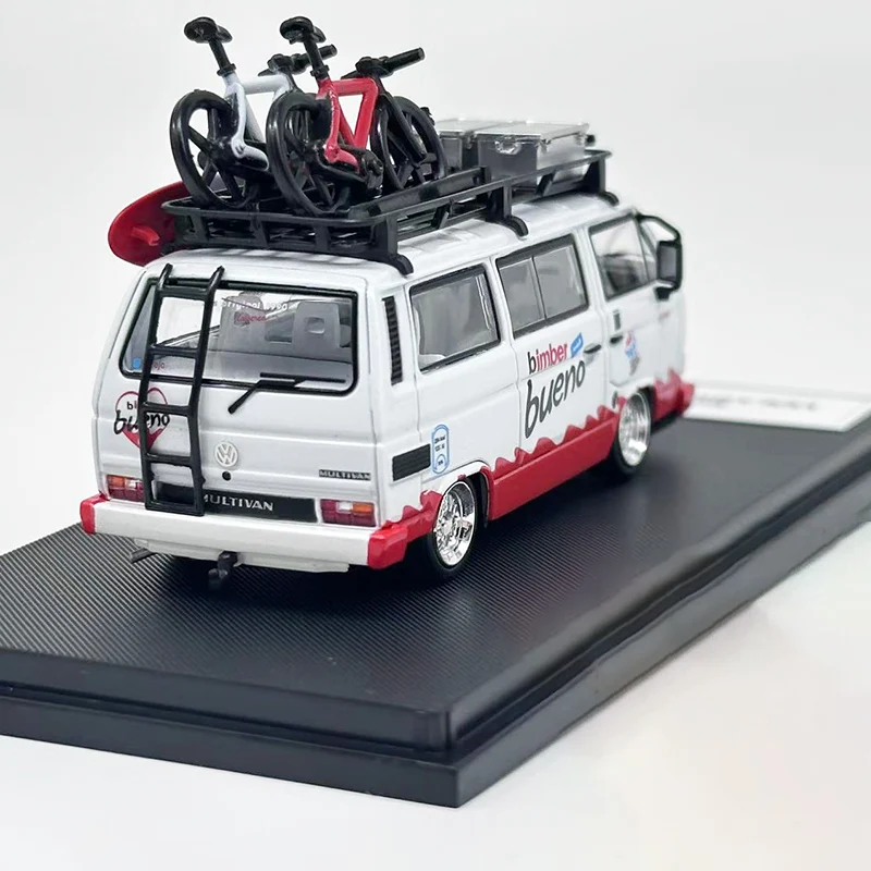Model samochodu Volkswagen T3 Van w skali 1/64, metalowy model VW T3 z elementami rowerowymi, model kampera, zabawka kolekcjonerska, ozdoba.