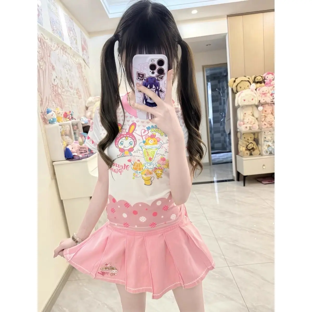 

Japanese Cute Cartoon Printed Sweet Girl Short Sleeved T-shirt Summer New Contrast Color Aesthetic Clothes Graphic T Shirts