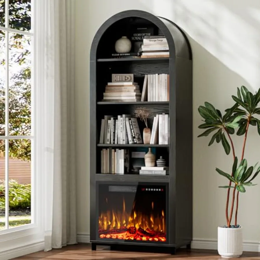 

2-in-1 Arched Cabinet with Electric FireplaceBlack Bookcase Open Book Shelf for Living Room 71 Tall Wooden Display Cabinet Kitc