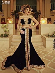 Black Mermaid Evening Dresses Velvet Party Kaftan Appliques Beaded Customized Vintage Boat Neck Plus Size Gown Vestidos De Gala