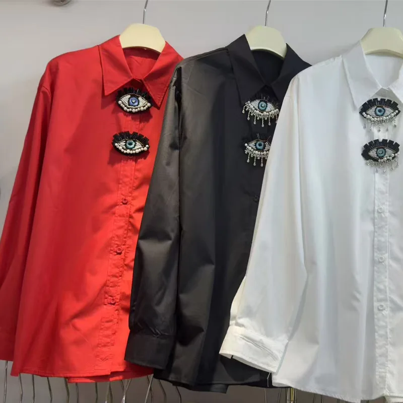 2025 Autumn Elegant White Shirt Top Cute Cartoon Eyes High-end Beaded Personality Long Sleeve Blouse for Women Camisas De Mujer