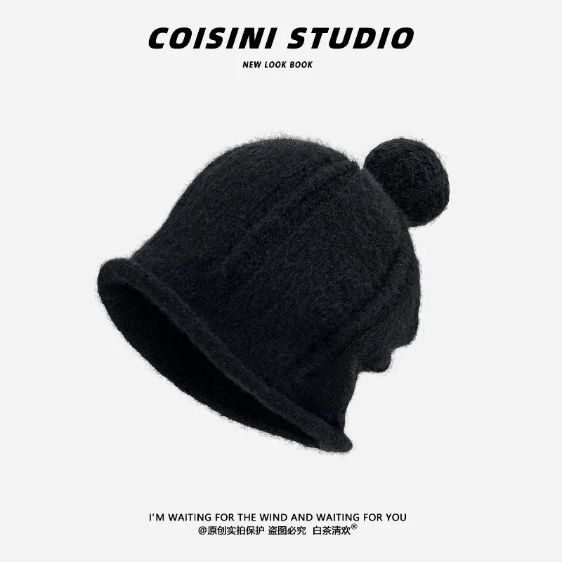 Koreanische einfache Strickmütze mit gekräuseltem Rand und niedlichem Pompon-Design für Damen, Winter, großer Kopfumfang, Ohrenschutz, warme Beanie-Mütze, Bonnet. – Detail 3