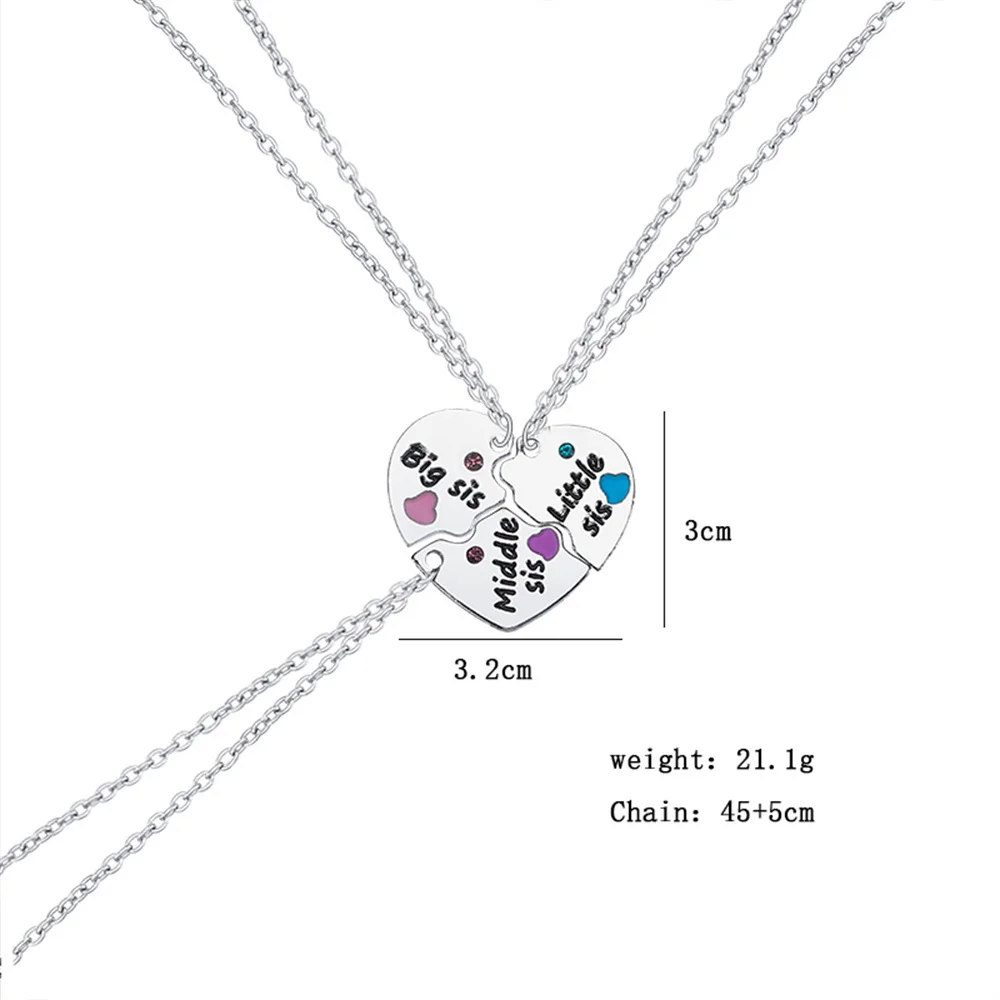 3 Pcs/Set Sisters Necklace For Women Heart Shape Letter Rhinestone Black Pink Pendant Lady Glamour Alloy Best Friends Forever