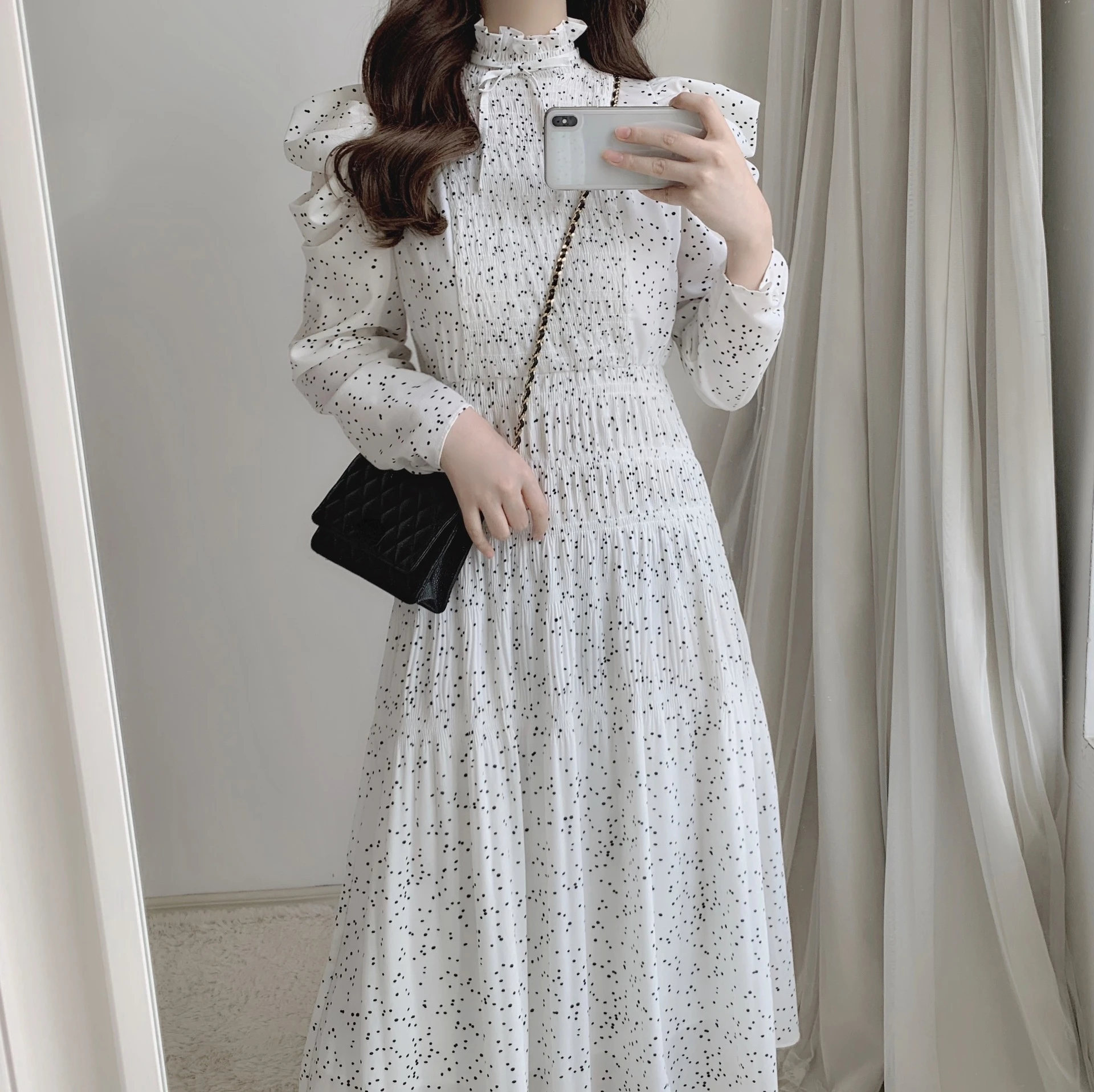 Kuzuwata Vintage Stand Collar Puff Sleeve Women Dress 2024 New Slim Waist Pleated Vestidos Mid Length Flower Print Dresses