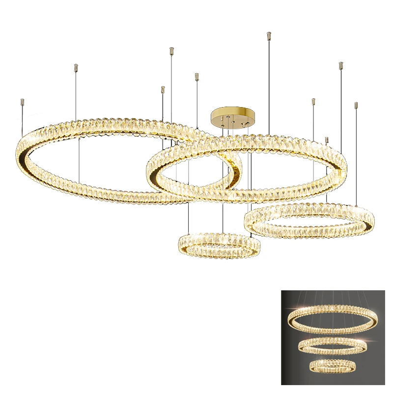 

Round Ring Ceiling Crystal Chandelier Light Remote Control Optional Gold Chrome Modern LED Hanging Lamp For Living Dinning Room