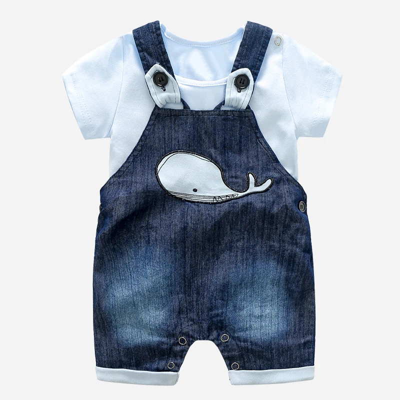 

2Piece Summer Newborn Boy Clothes Korean Casual Cartoon Cute Cotton Short Sleeve Tops+Denim Overall Baby Clothing Set BC1725