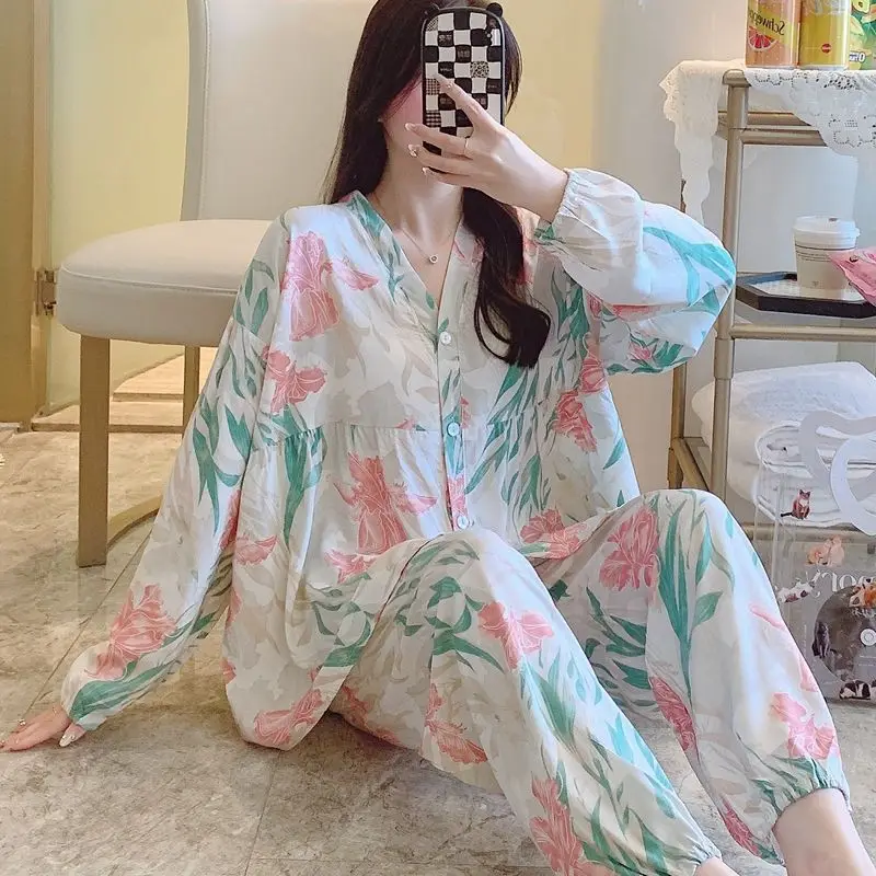 Cotton Silk Pajamas Women Spring Autumn Long Sleeve Summer Thin Silk Home Dress Rayon Cotton Set Cool Feeling Fat M Large Size