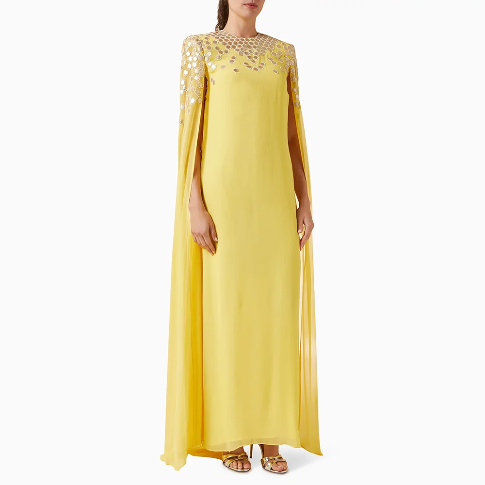 

Fashion Shawl Sequined Prom Dress Chiffon Long Sleeves Evening Dress Customized O-neck Straight Ankle Lenght Party Dresses