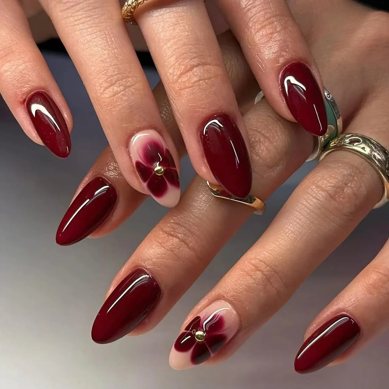 Faux ongles de Ballet en forme d'amande, fleur blanche Simple, à pression, fleur de prunier, strass rouges, perle dorée, outil de manucure