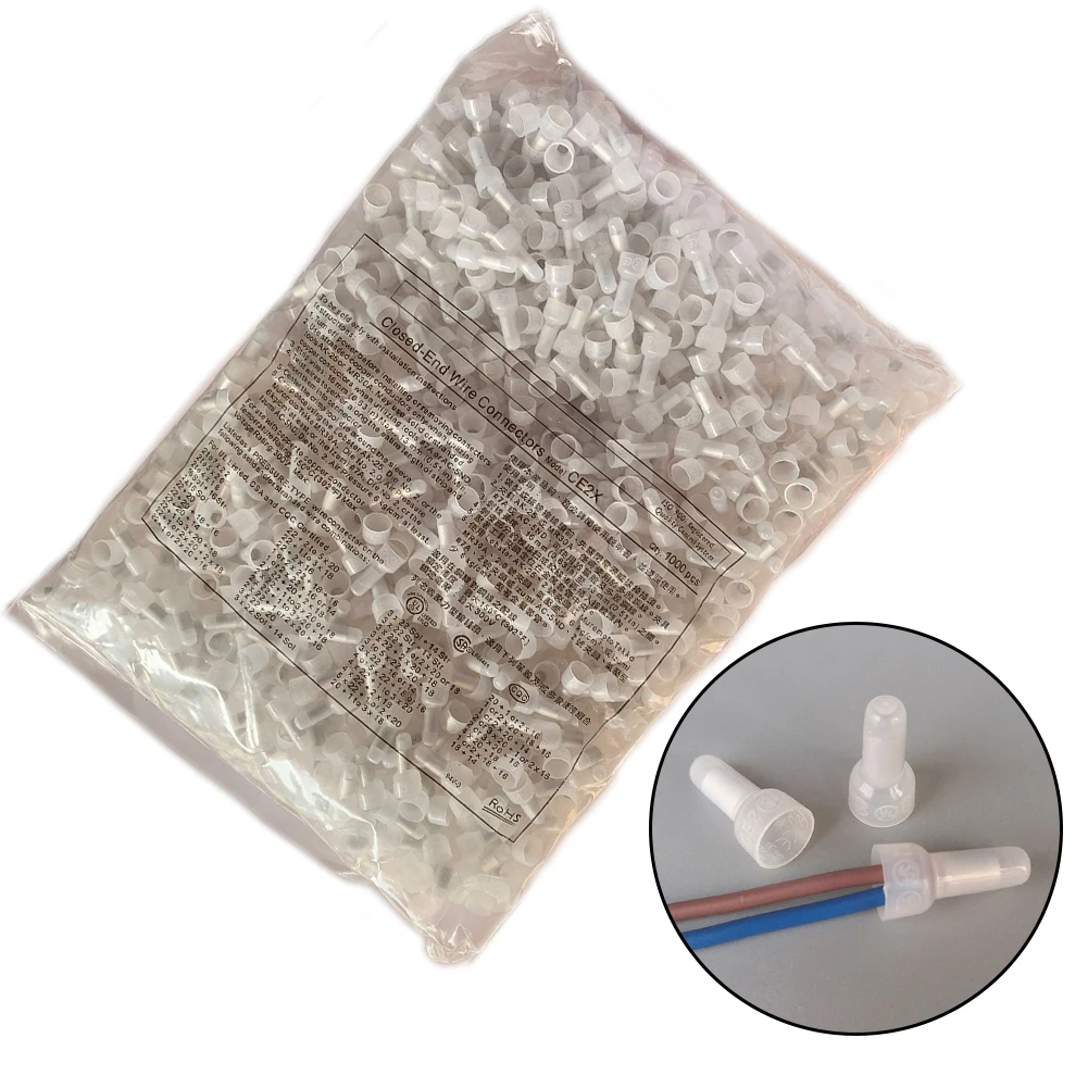 Closed End Wire Connectors 1000PCS CE1X Model for 24 18AWG 300V with Heat Resistant PA66 Plastic and Metal Terminal