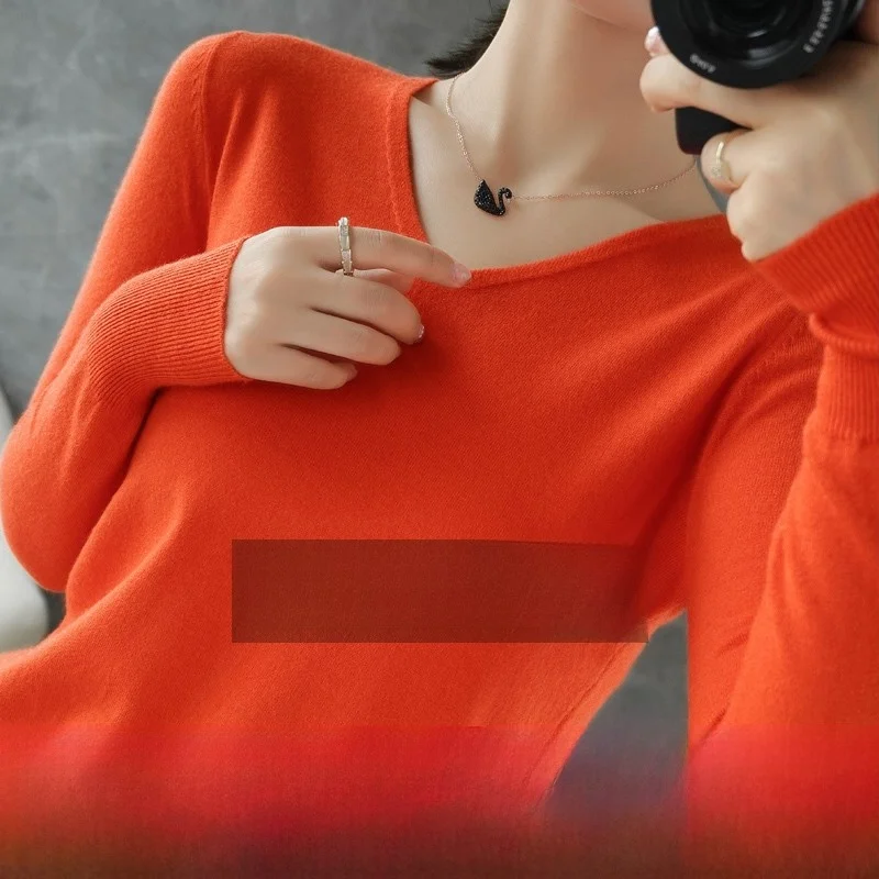 

V-Neck Short Sleeveless Knitted Wool Cashmere Sweater Women's Loose Long Sleeve Knitwear Color Base Layer Shirt
