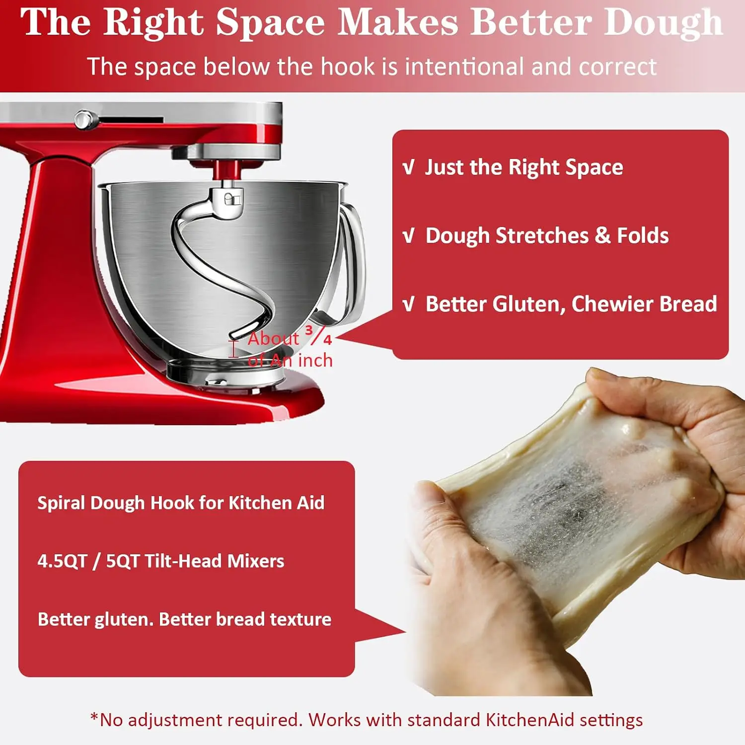 Stainless Steel Spiral Dough Hook for KitchenAid Tilt-Head Stand Mixers 4.5 & 5 Quart Rustproof Replacement Dough Hook for Bread - view 5