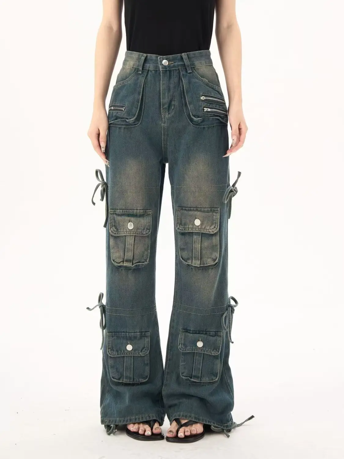 

Женские синие повседневные Y2K American High Street Harajuku Aesthetic 2000S Стиль Винтаж Широкие джинсы Брюки Одежда 2025 Новинка