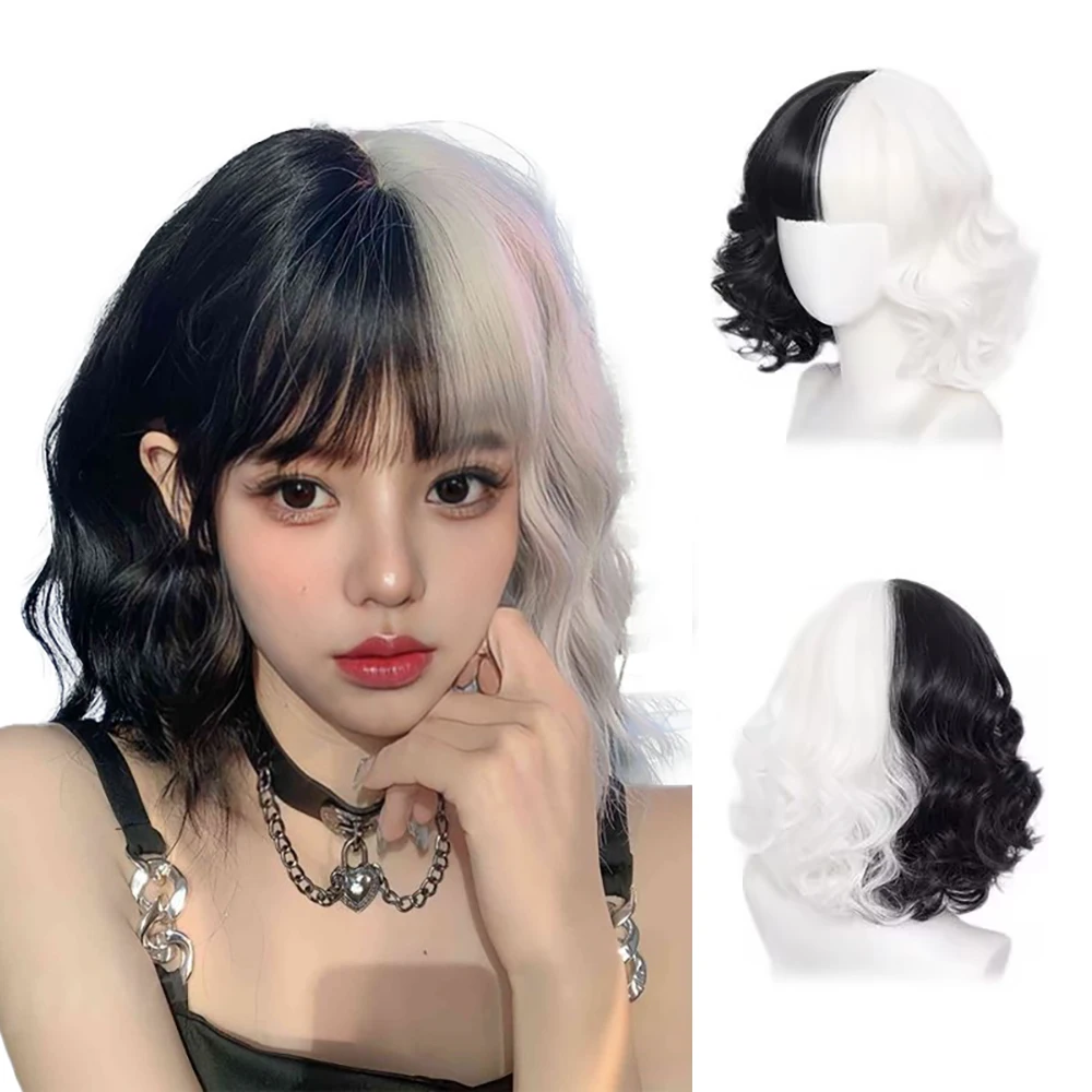 

Cruella Cosplay Black And White Two-Tone Hair, 12-Inch Short Curly Hair, Daily Party, Anime Exhibition, Bangs Synthetic Wig
