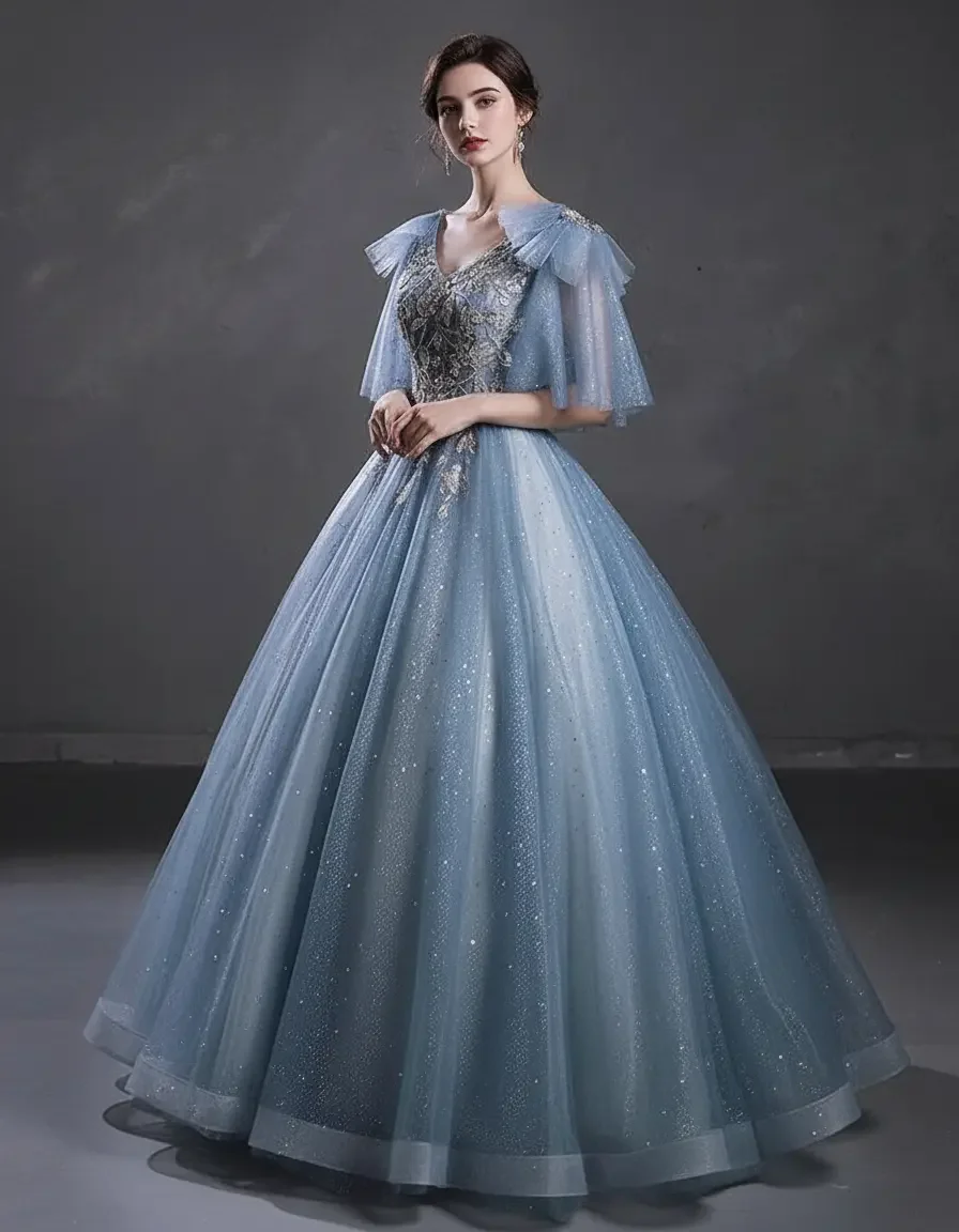 Dusty Blue Ruffle Sleeve Glitter Tulle Ball Gown Back Lace Up Quinceanera Wedding Birthday Evening Prom Dress Free Petticoat