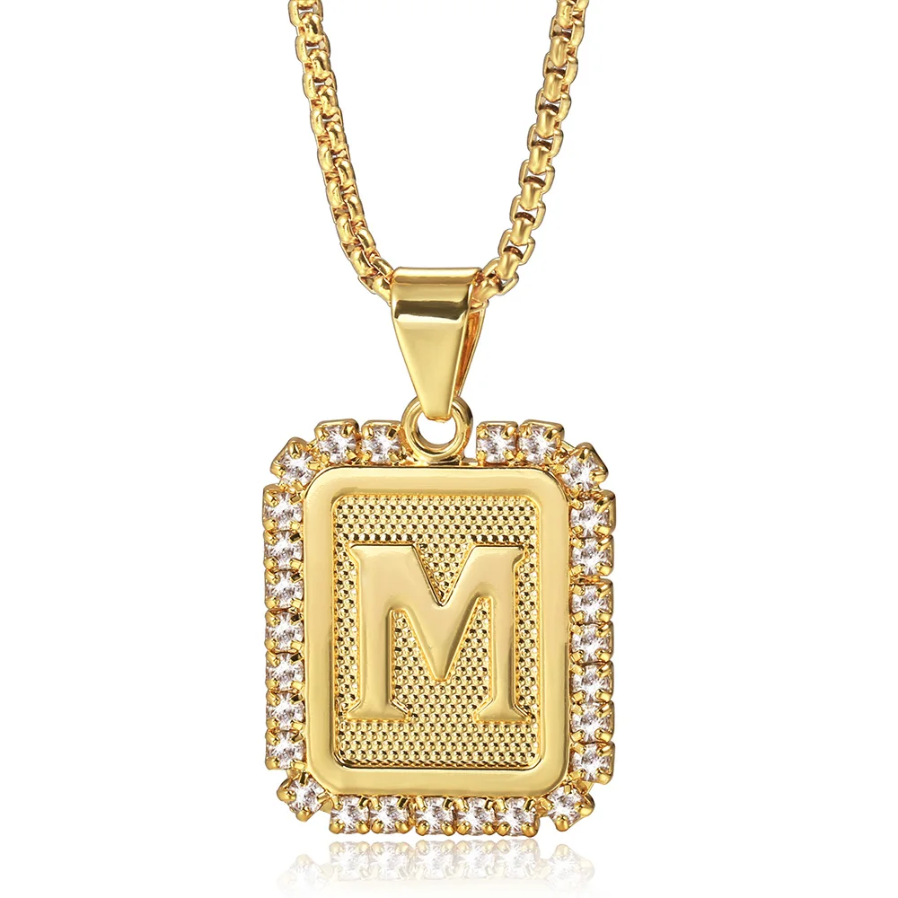 26 Letters Necklace Crystal Rhinestone Square Pendant Box Chain for Women Men A - Z Initia Name Jewelry Gift Wholesale GP441B