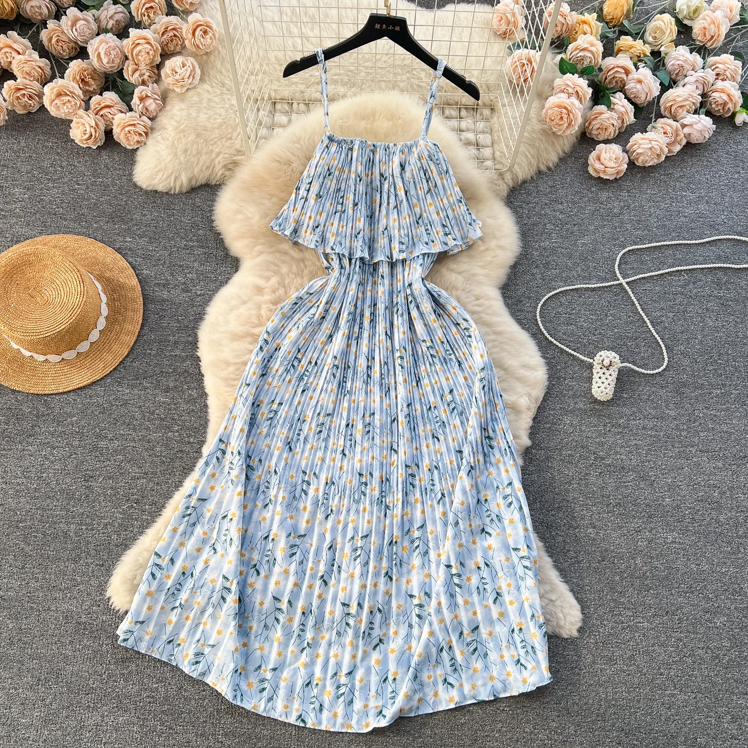 Plissee Blumen Frauen Kleider Slash Neck Frühling Sommer süße Vestidos Para Mujer Rüschen Strand Stil langes Kleid