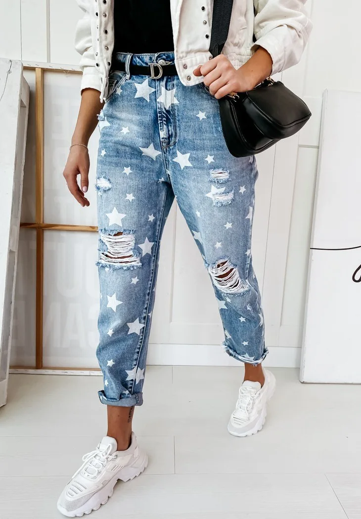 Women\'s Jeans 2024 Spring Fashion Star Print Button Pocket Design High Waist Casual Distressed Straight Leg Jeans Y2k Streetwear