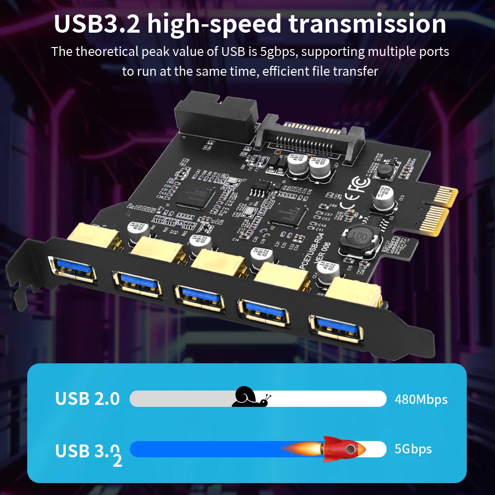 TISHRIC  PCIE 1X To USB3.2 5 Port 19Pin Expansion Card Mastercontrol D720201 Extended 19Pin Interface USB3.0 Hub PCI Card