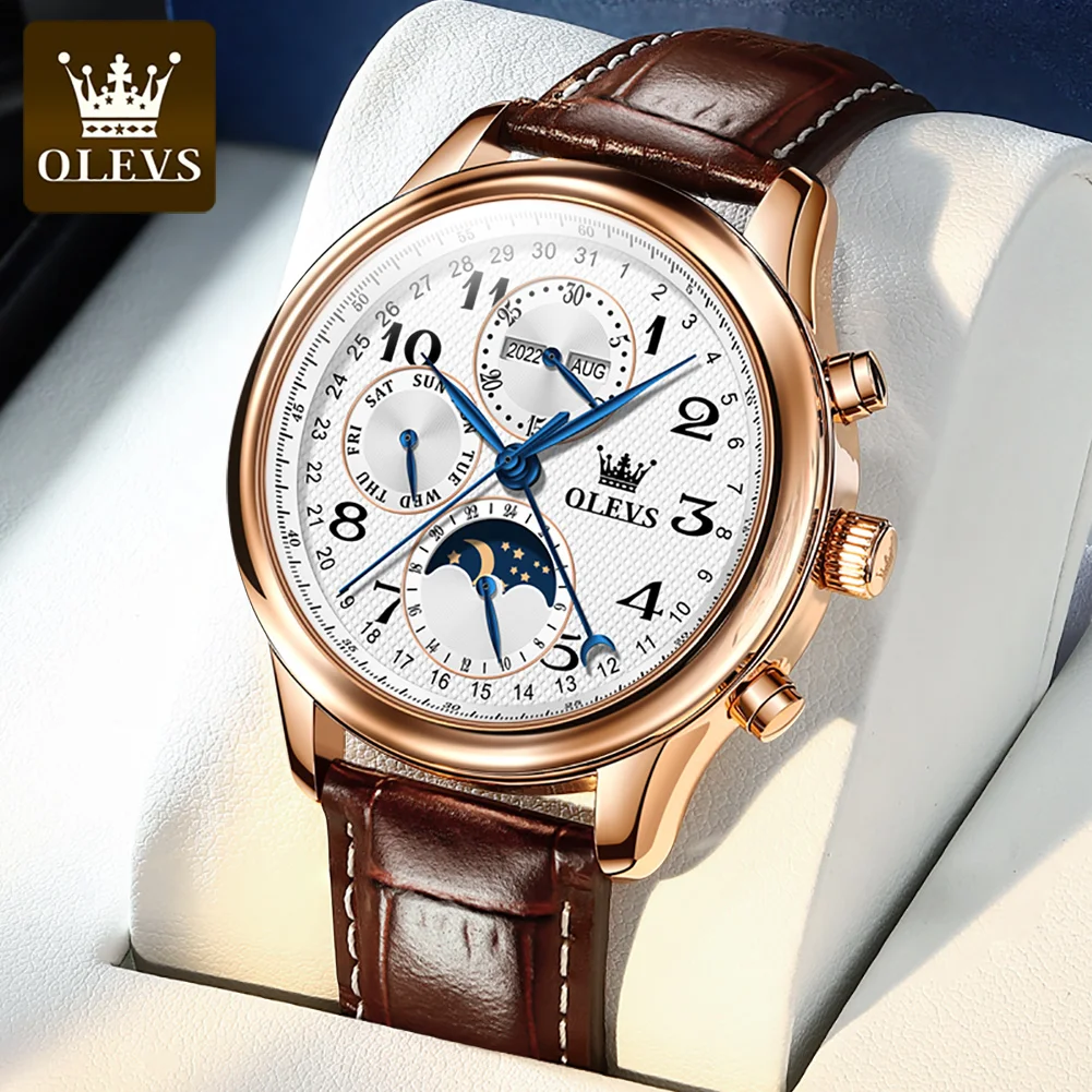 

OLEVS Brand Fashion 7-Pin Design Mechanical Watch for Men eather Strap Waterproof Multifunction Moon Phase 24 Hours Mens Watches