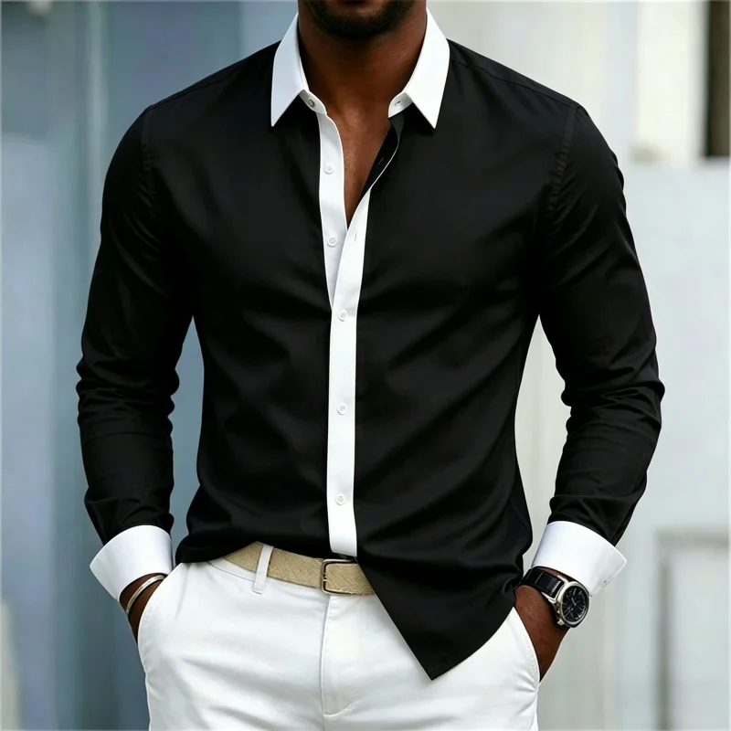 Men's shirt black and white contrasting splicing men's lapel long sleeved shirt slim fit business casual men's top XS-6XL size