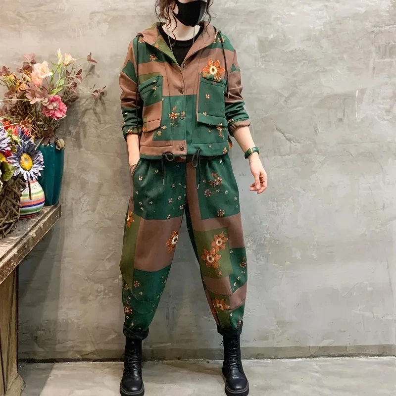 Large Size Women Two Piece Set Female Casual Fashion Cotton Linen Hooded Jacket + Pants 2PCS Autumn Winter Suit Women's Outfit