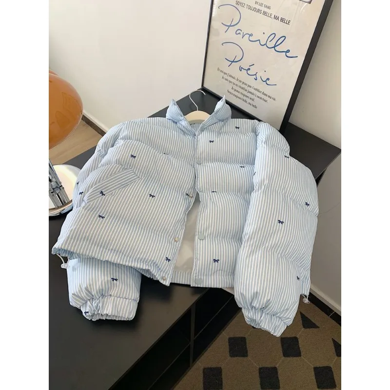 Women's Winter Tops Jacket Cotton Coat Striped Bow Thickened Warm Vintage Simple Comfortable Leisure Fashion New Niche Versatile