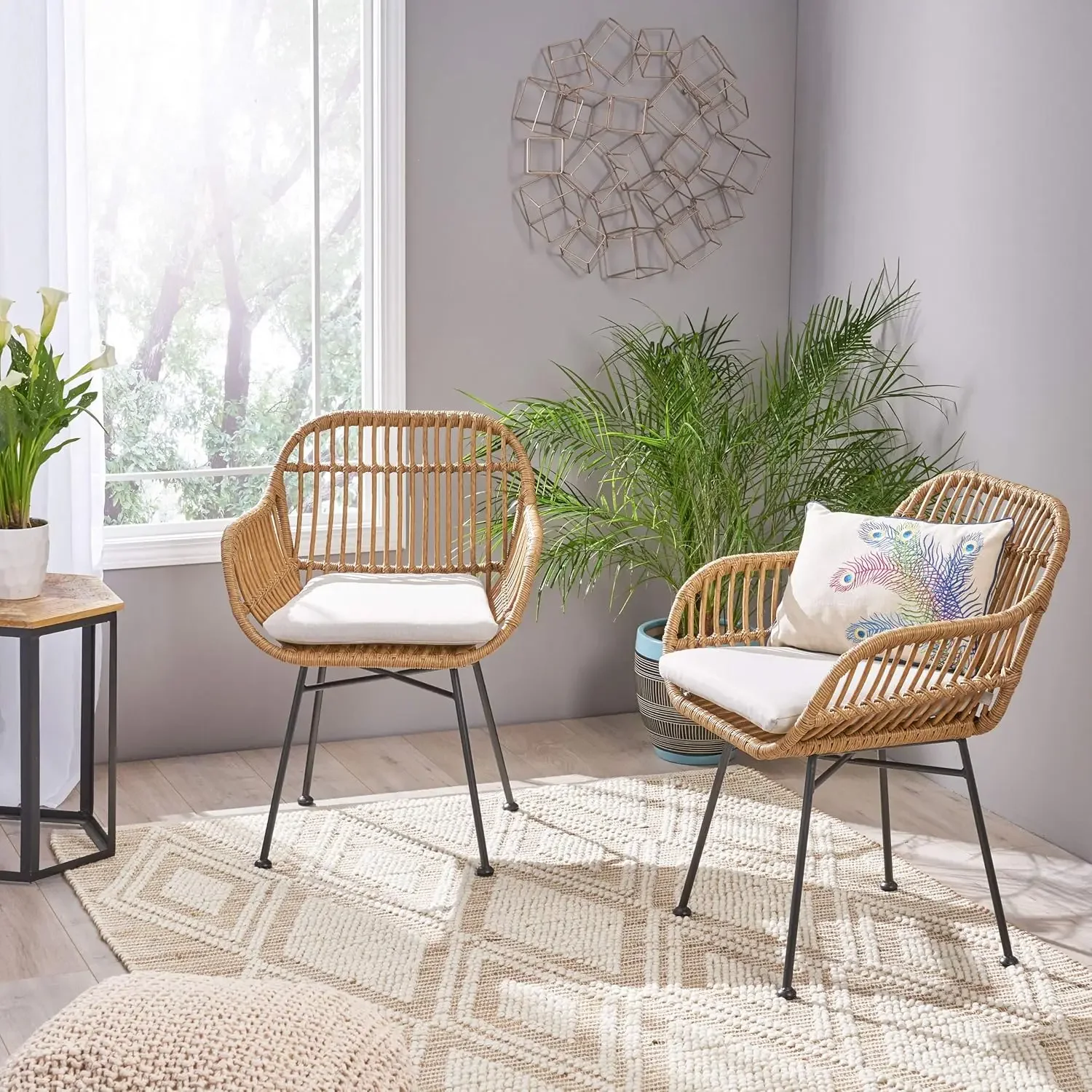 

Rodney Indoor Woven Faux Rattan Chairs with Cushions (Set of 2), Light Brown and Beige Finish