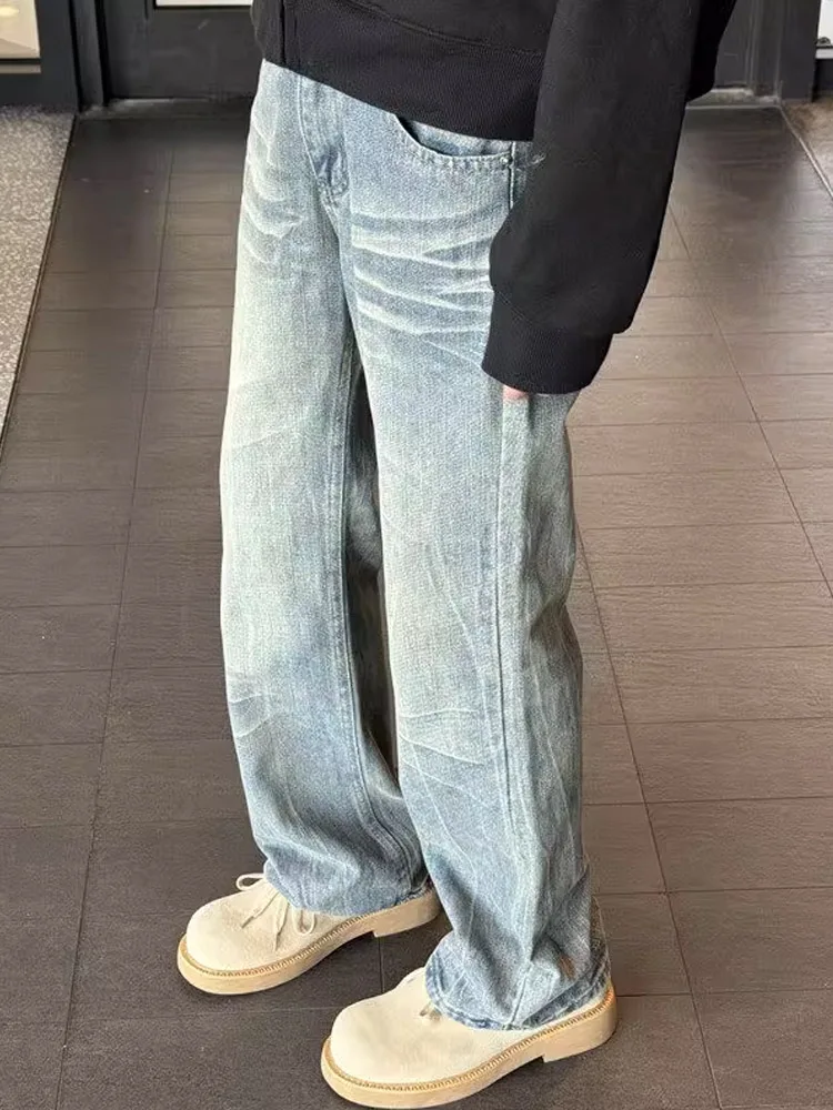 Calças Jeans Masculinas Americanas Retrô Outono Inverno com Corte Reto e Efeito Emaecido Micro Flare Marca Trendy Cleanfit