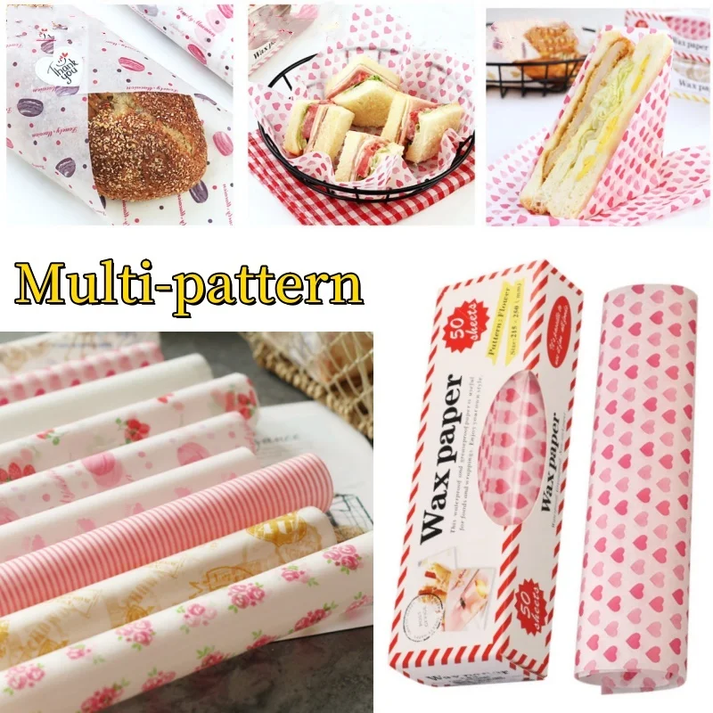 50pcs Food Wax Paper Bread Sandwich Wrapper Picnic Basket Lined Snacks Greaseproof Water-Repellent Paper Kitchen Baking Tools