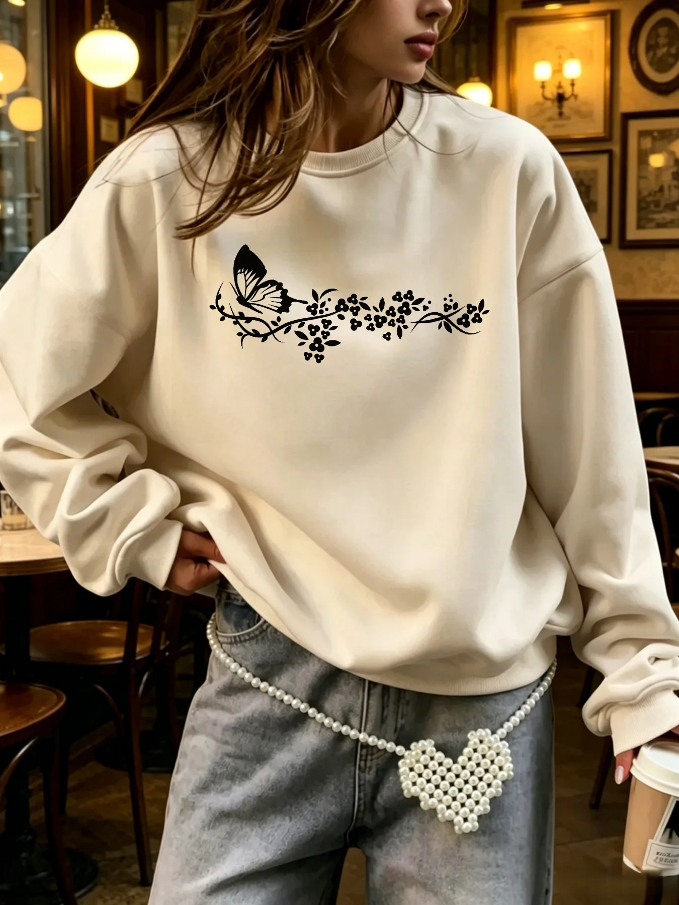 Standard Size Women's Hoodie with Butterfly and Floral Vine Pattern Printed Round Neck, Suitable for Autumn and Winter