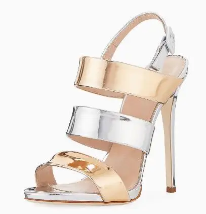 Metallic Silver Three Strap Open Toe Slingback Sandals Stiletto High Heel Buckle Ankle Strap Evening Party Fashion Heels Women