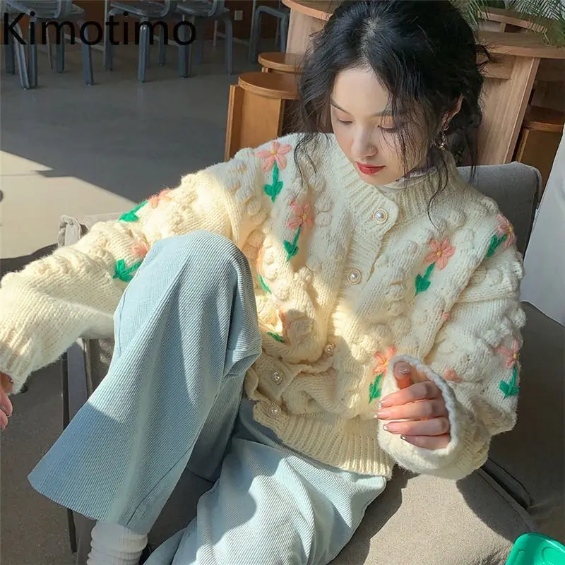 Kimotimo Vintage Hook Flower Knitted Coat Women Autumn Winter Sweet Single Breasted Sweater French Fashion O-neck Loose Cardigan