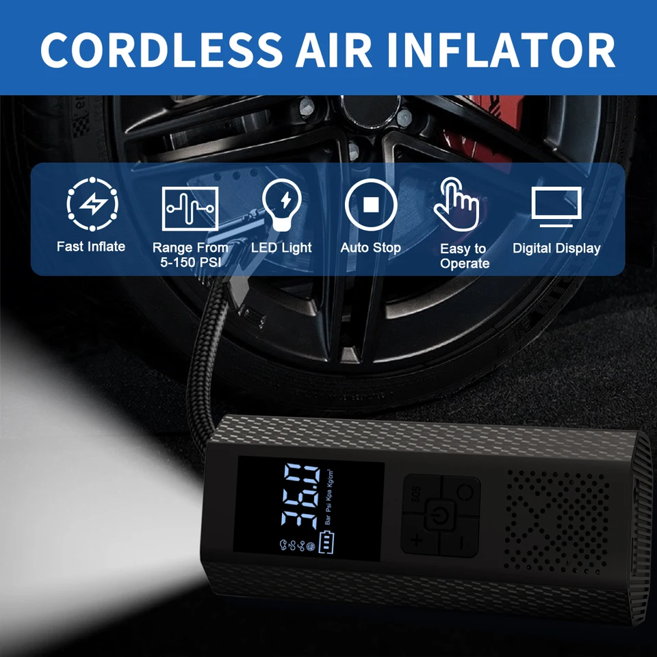 Pompe à Air Sans Fil 150Psi – Écran Tactile, Gonfleur électrique Portable Pour Voiture Et Vélos