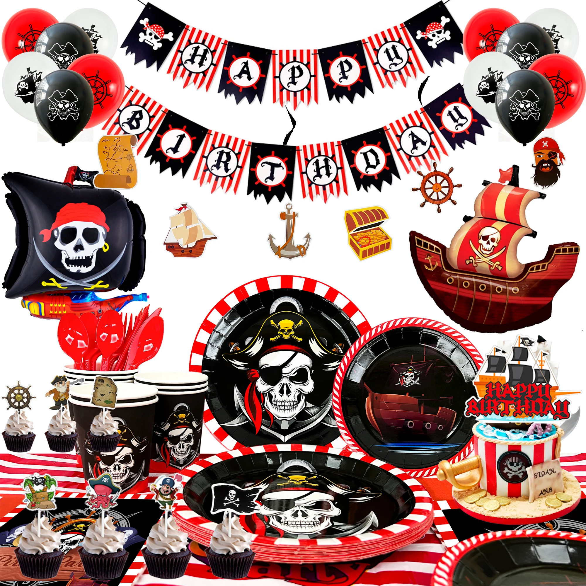 Pirate Birthday Party Supplies,161pcs Party Decorations&Tableware Set-Pirate Haging Swirln&Pirate Plates Cups Napkins etc