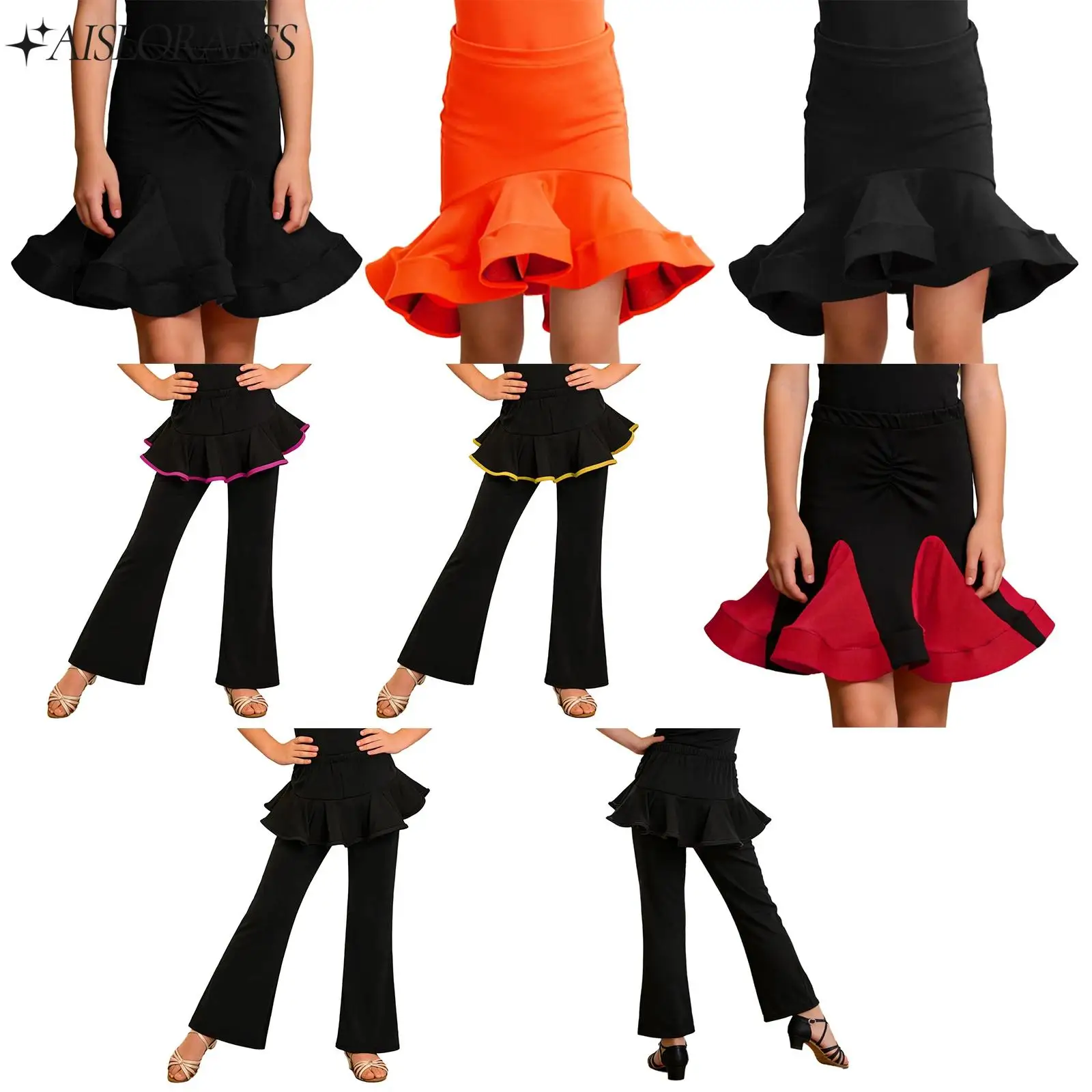 

Kids Girls Latin Dance Skirts Practice Costumes Stretchy Ruffled Skirt Salsa Tango Samba Chacha Ballroom Performance Dancewear