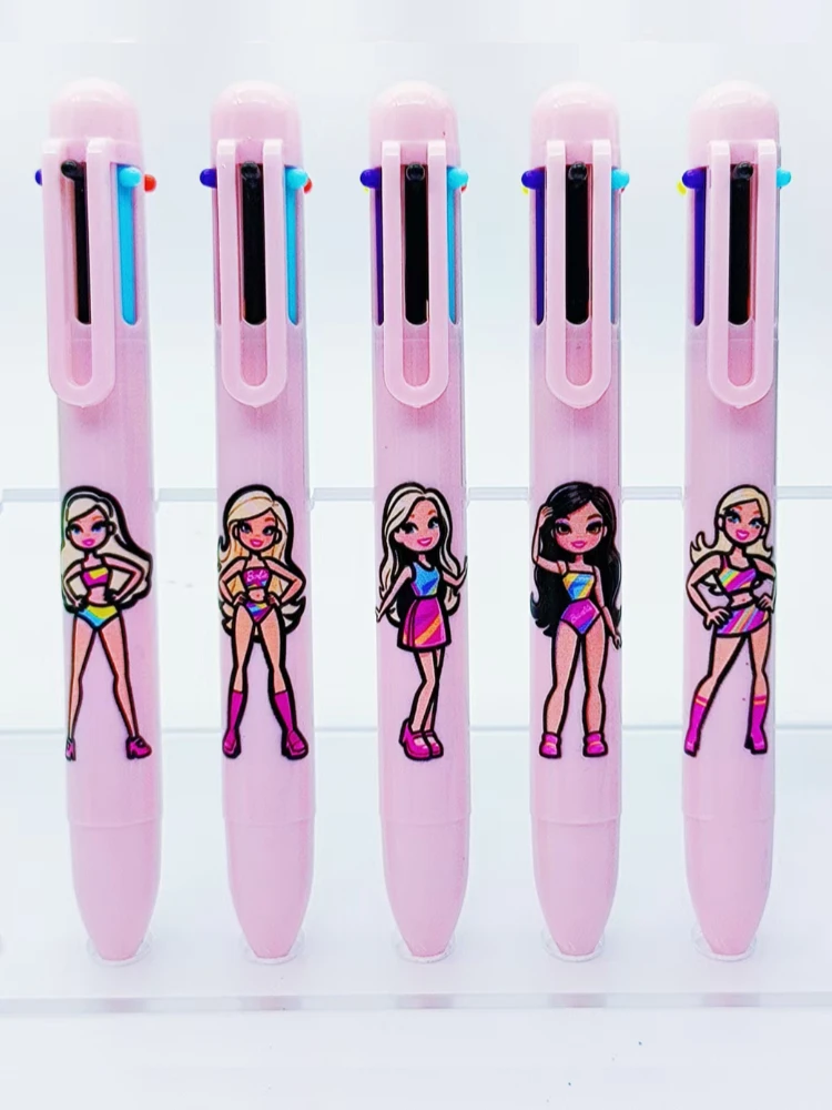 

10Pcs pink tone charm theme multi-color pen, rainbow doll shape six-in-one ballpoint pen, marking key multi-color press pen