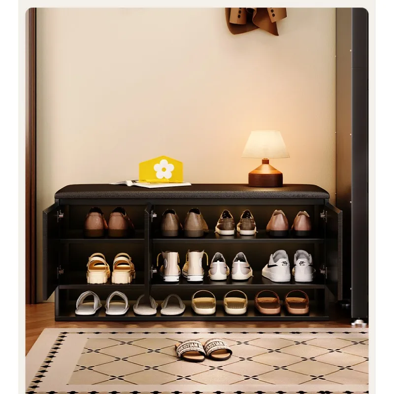 

Wooden shoe stool, ancient style at the door of the household, can be sat and stored, light luxury and high-end shoe cabinet