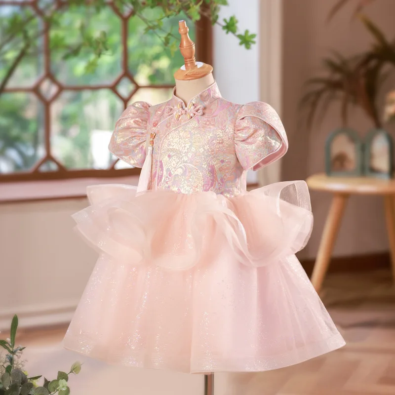 Baby girl\'s birthday party Gown Princess Dresses Chinese luxurious Shining kids Pink jacquard wedding flower girl boutique dress